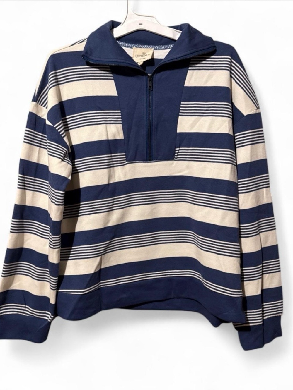 Umgee Navy & Cream Striped Quarter-Zip Pullover size Large